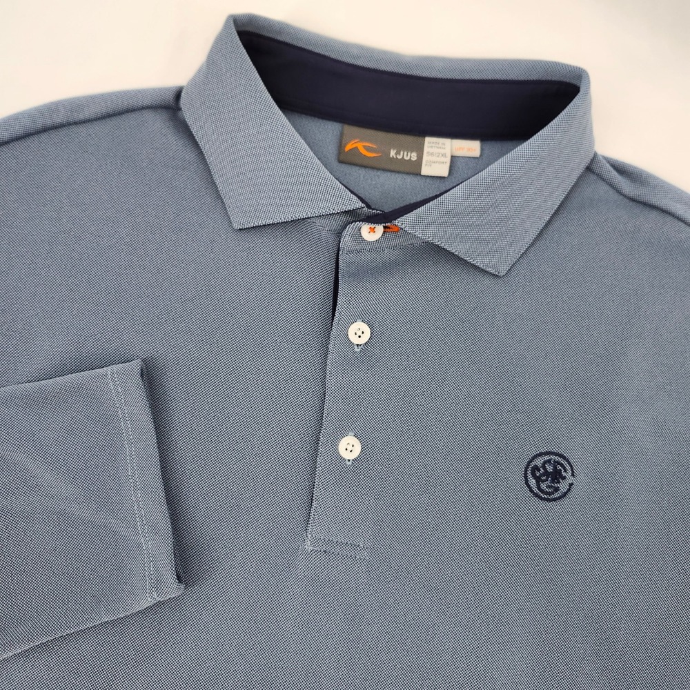 KJUS Mens Long Sleeve Polo Shirt 2XL Blue Grey Golf UPF 30 Comfort Fit Technical